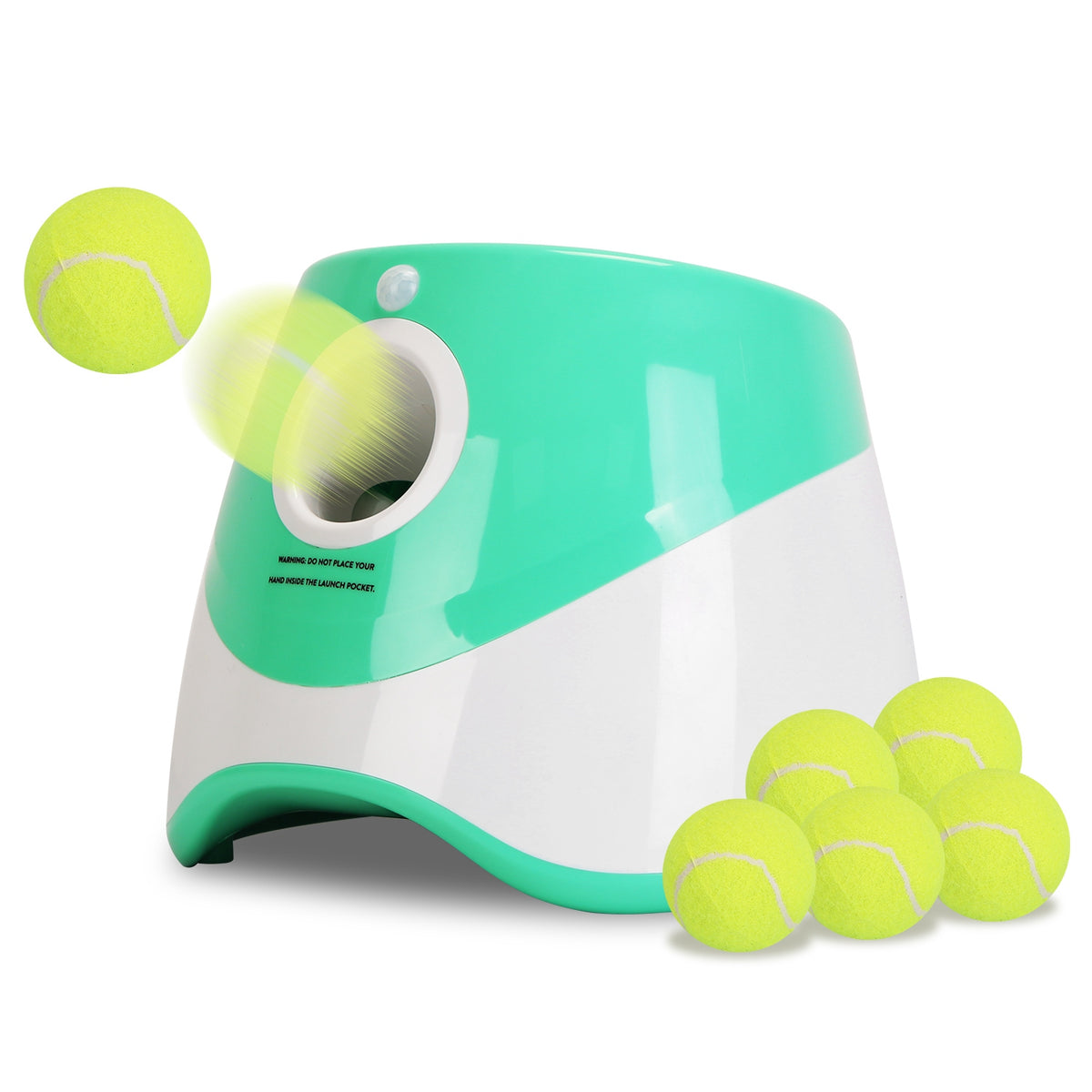 Automatic dog ball launcher loaded with a tennis ball