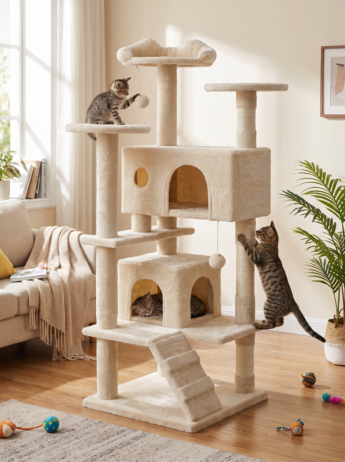 Cat treehouse durable construction, cat playing