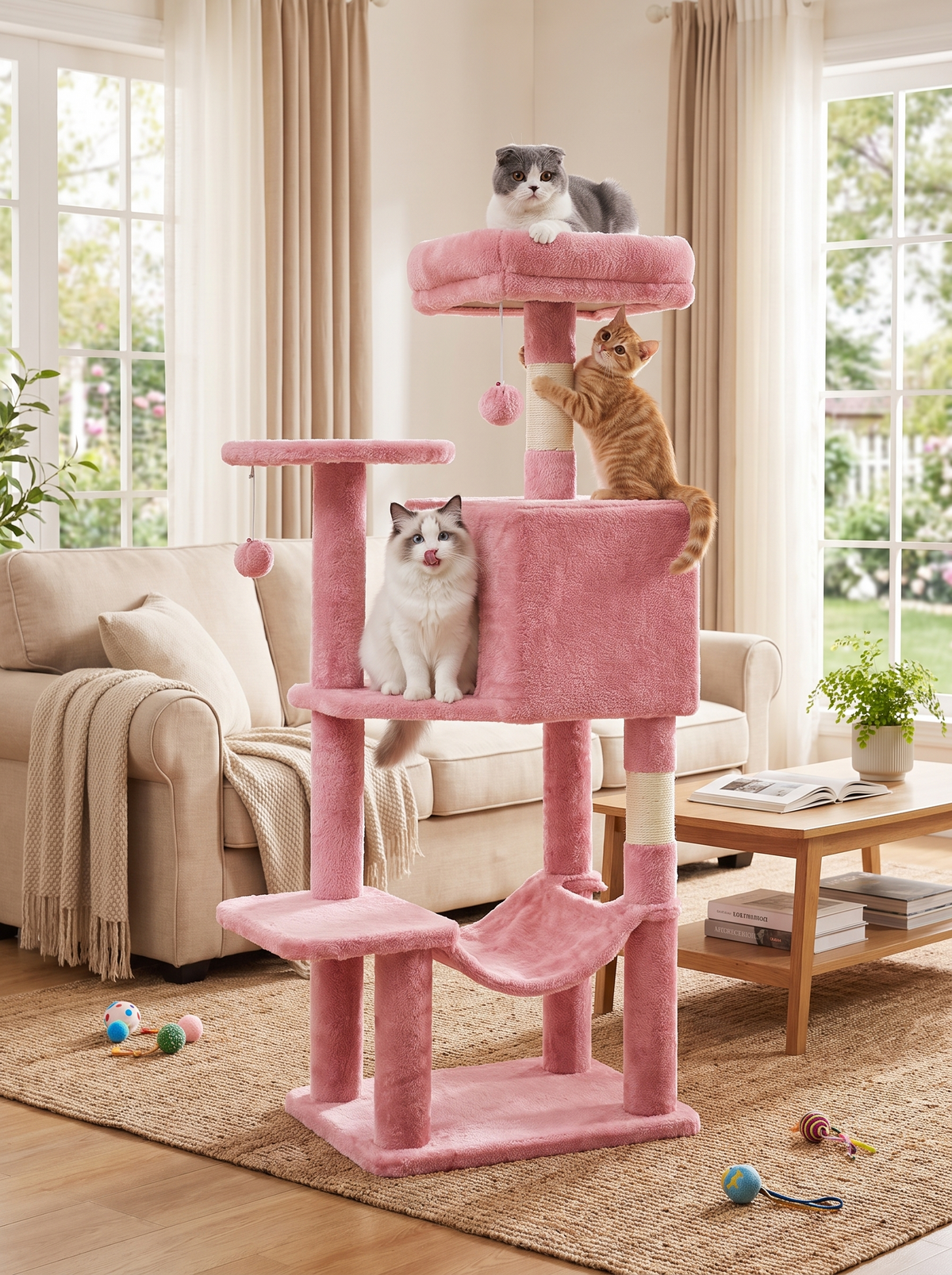 Multi-Cat Tree Tower with cats climbing and perching