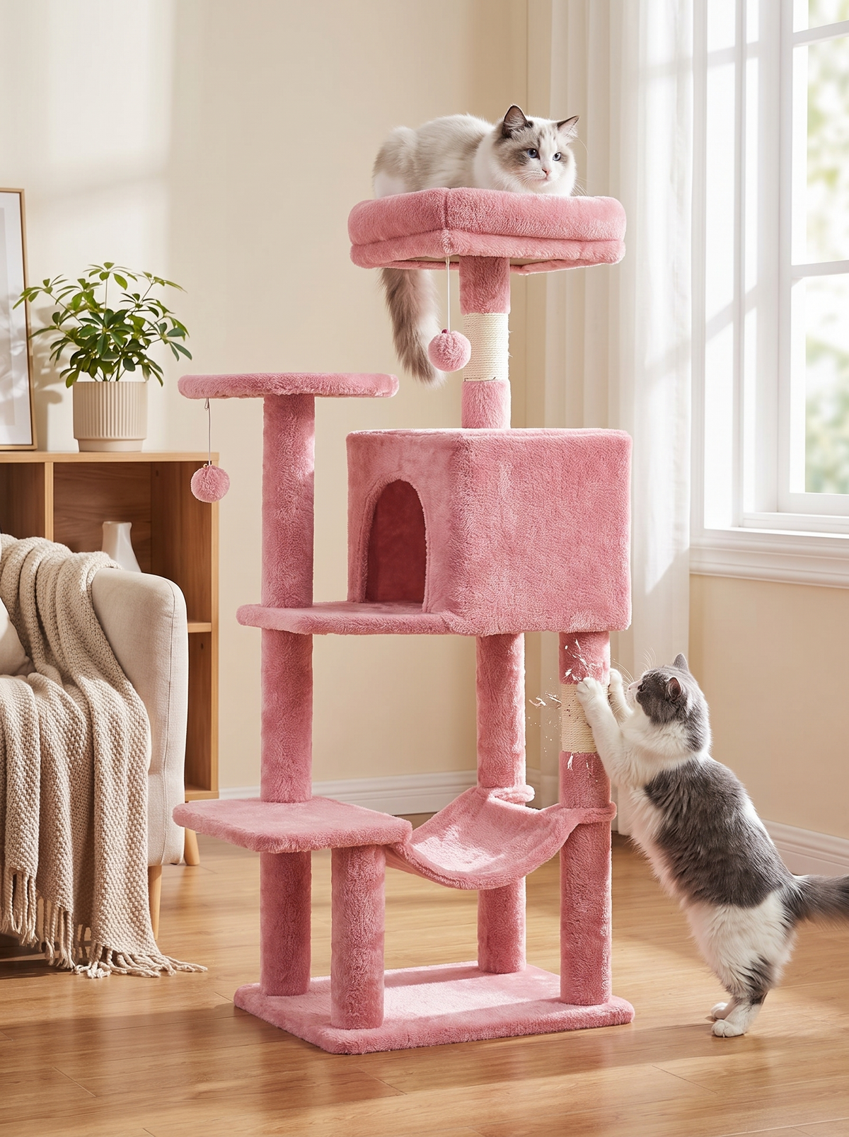 Cat scratching sisal post on tree tower