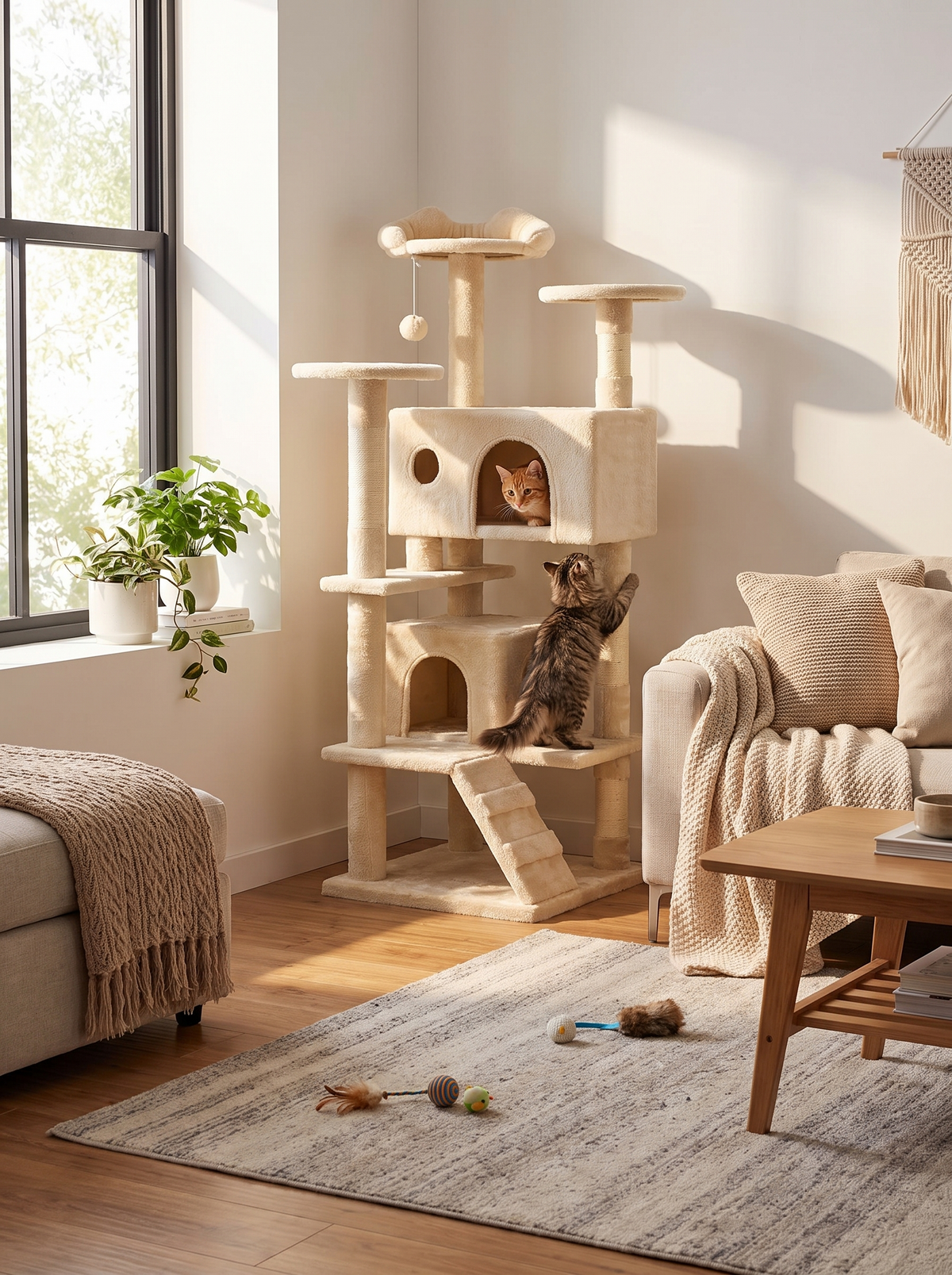 Cat climbing and peeking from cat treehouse hideaway