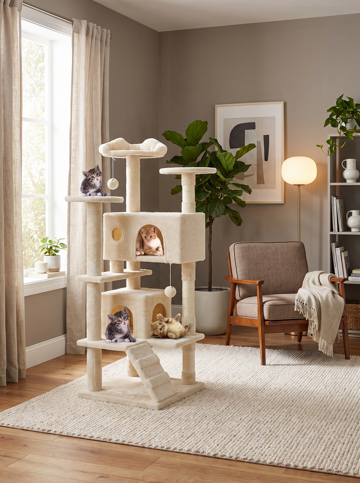 Modern cat treehouse in stylish living room corner