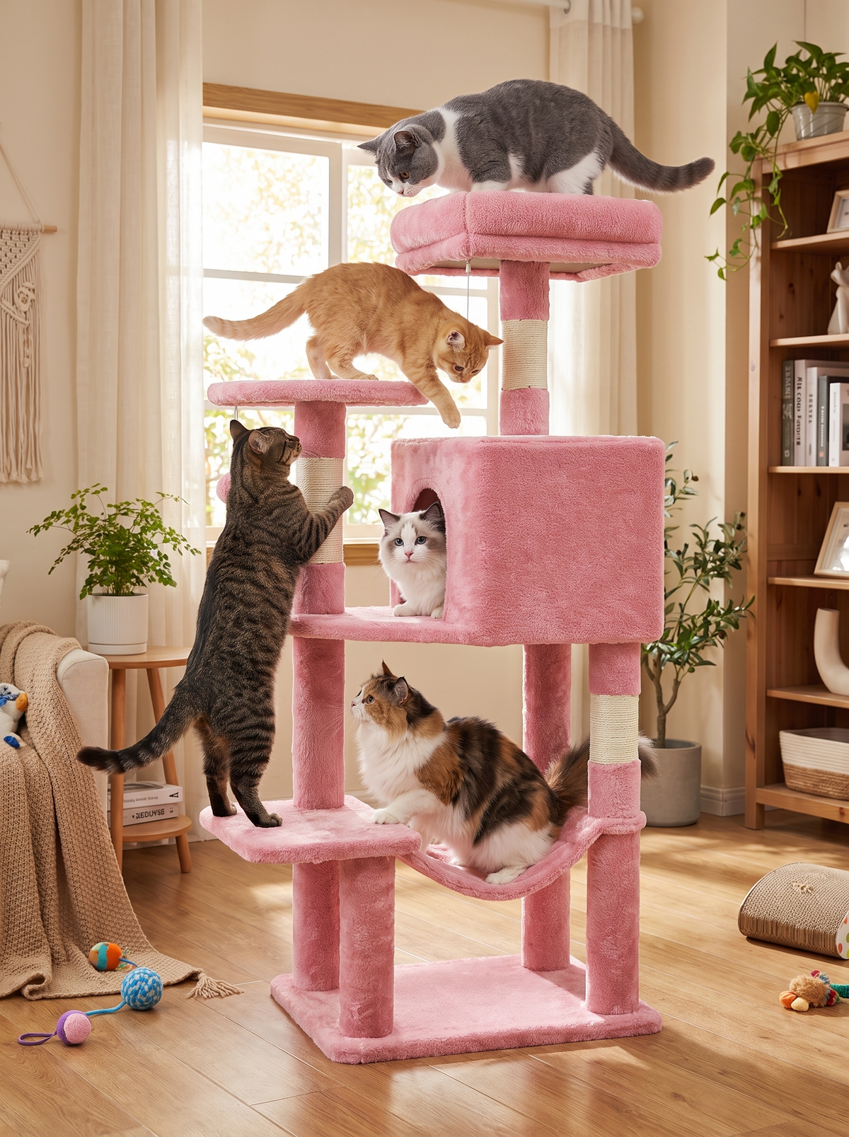 Multiple cats climbing tree tower at once