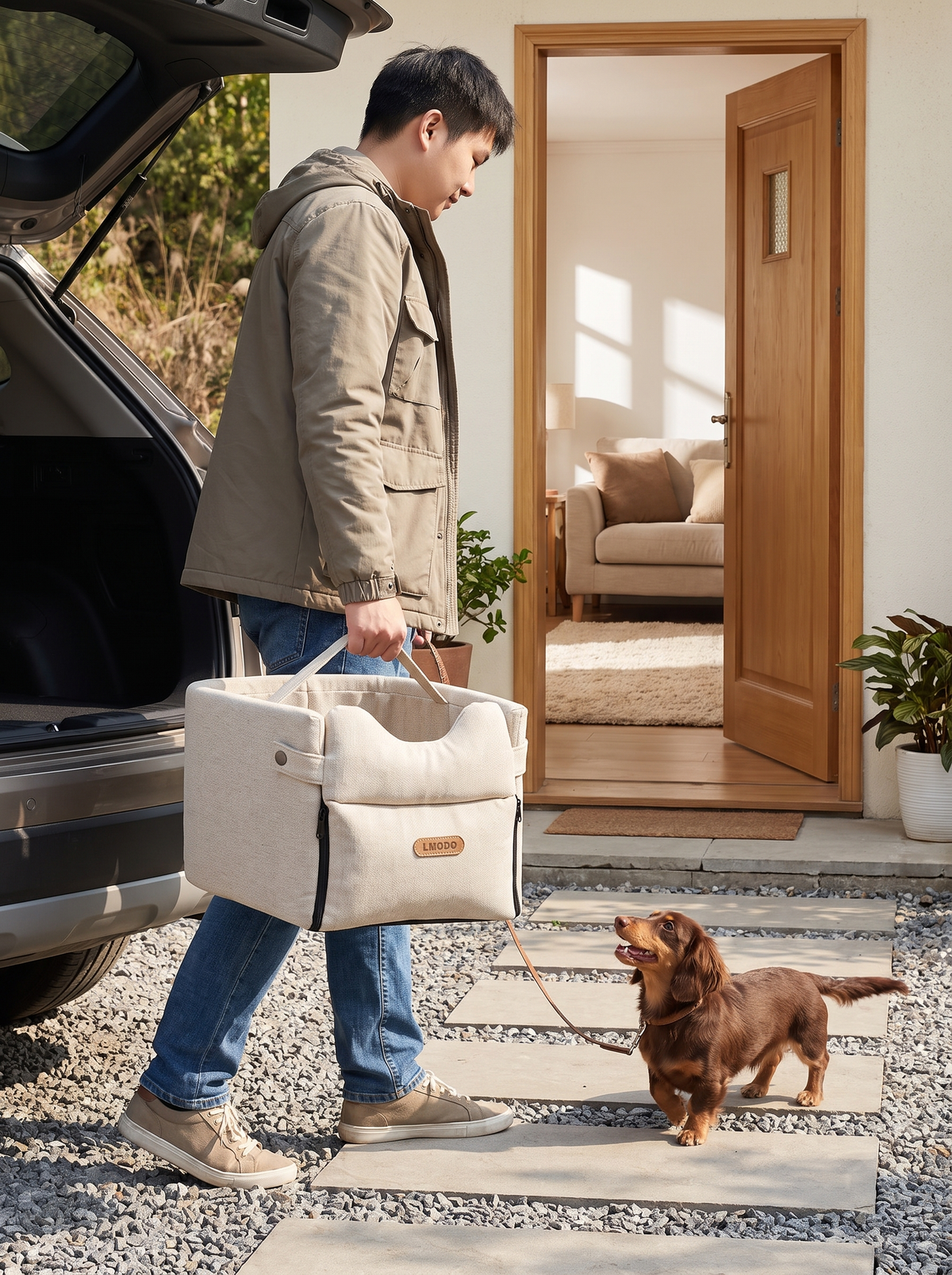 Carrying dog car seat bed from car into home