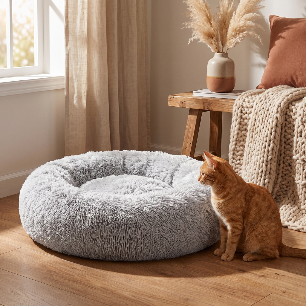Round Faux-Fur Cat Bed lifestyle
